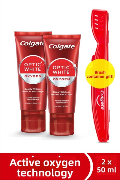 Colgate معجون أسنان مبيض بالأكسجين الأبيض - 50 مل × 2 + حاوية فرشاة هدية