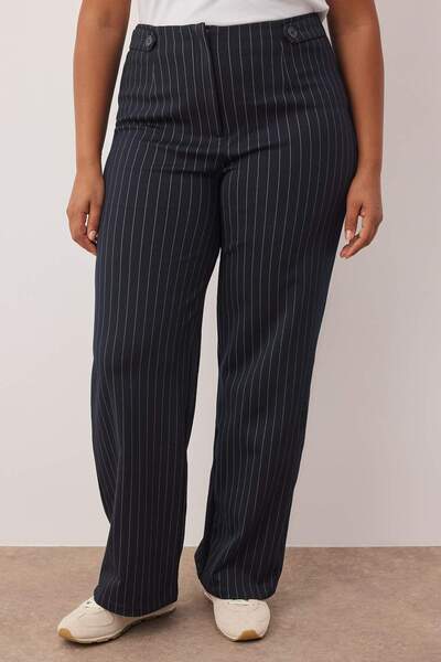 Trendyol Curve Navy Blue Straight Fit Striped Knitted Interlock Large Size Pants Tbbaw26Ar00002