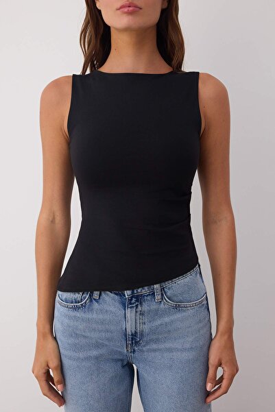 Trendyol Collection Black Asymmetrical Shirred Crew Neck Sleeveless Stretchy Knitted Blouse Twoss25Bz00599