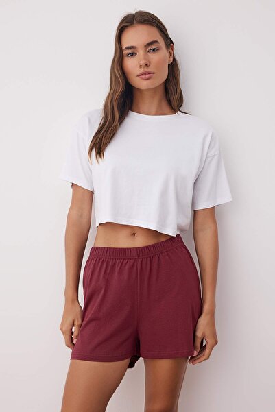 Trendyol Collection Bordó-multicolor 3 részes 100% pamut nyomott egyszínű, egyszínű, kötött pizsama alsó THMSS25PJ00014