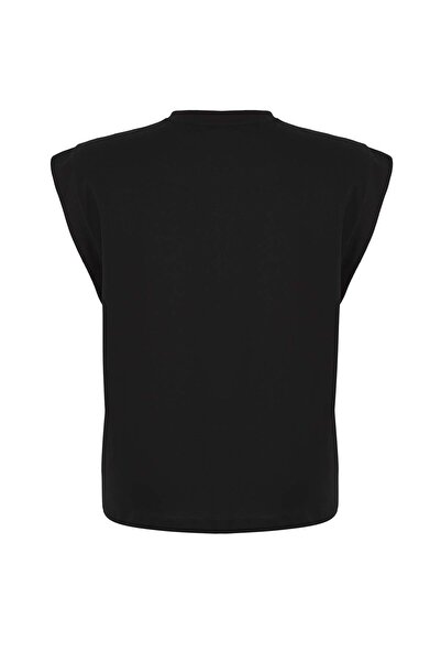 Trendyol Curve Μαύρο μπλουζάκι με λαιμόκοψη με λεπτομέρεια 100% βαμβακερό πλεκτό μεγάλο μέγεθος TBBSS25BF00010