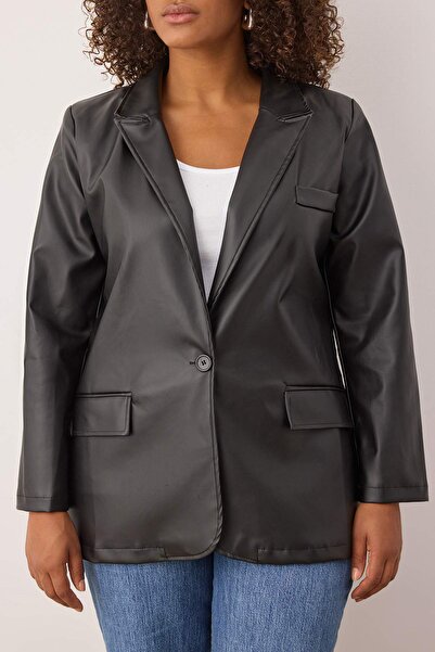 Trendyol Curve Чорний великий розмір тканий штучний шкіряний блейзер TBBAW26AG00013