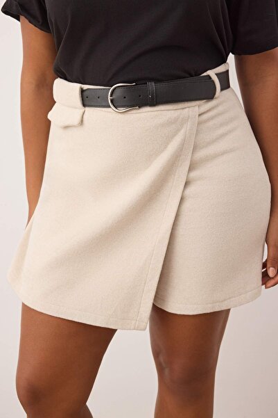 Trendyol Curve Stone Belted Cashew Winter Mini Woven Shorts Skirt Tbbaw26Ap00001