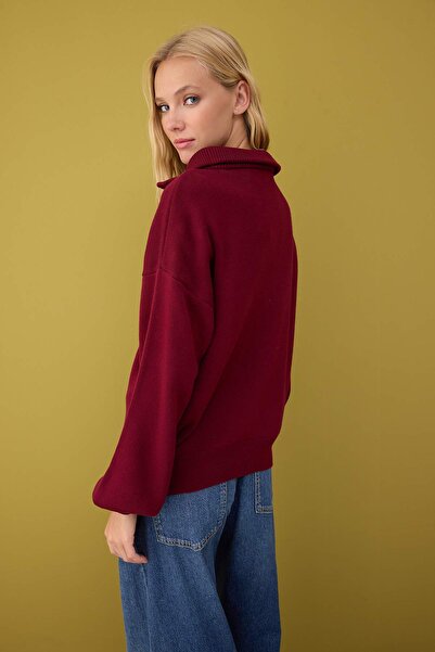 Trendyol Collection Burgundy Wide Fit Zippered Knitwear Sweater Twoaw26Kz00109