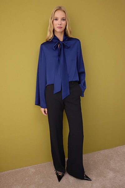 Trendyol Collection Navy Blue Satin Scarf Detailed Woven Blouse Twoaw26Bz00231