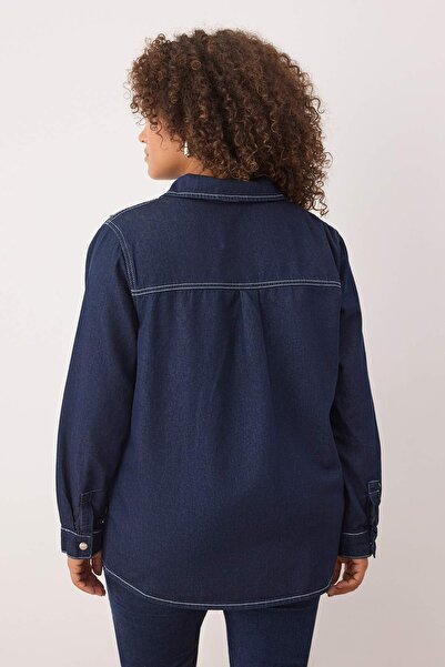 Trendyol Curve Cămașă din denim de mărime mare cu piatră albastru închis TBBAW25AX00002