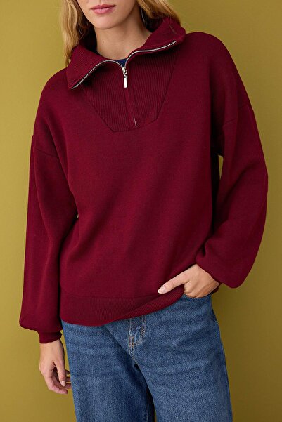 Trendyol Collection Burgundy Wide Fit Zippered Knitwear Sweater Twoaw26Kz00109