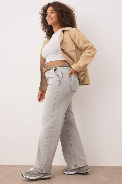 Trendyol Curve Gray High Waist Wide Leg Plus Size Jeans Tbbss24Cj00048