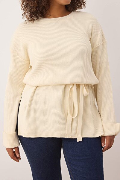 Trendyol Curve Ecru Dlouhý úpletový svetr s páskem v pase TBBAW26AN00038