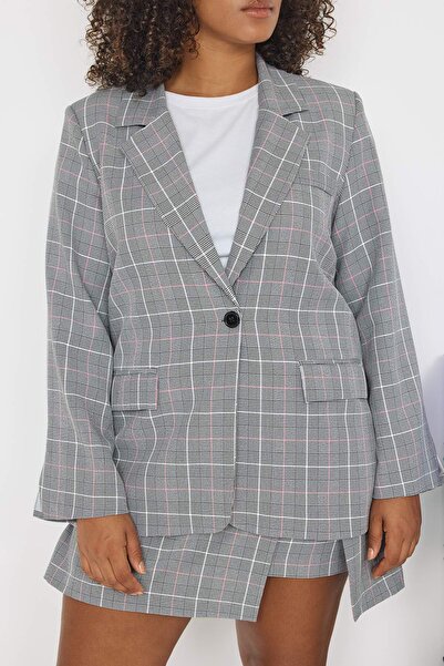 Trendyol Curve Teen Gray Plaid Oversized Woven Jacket Tbbaw26Ag00025