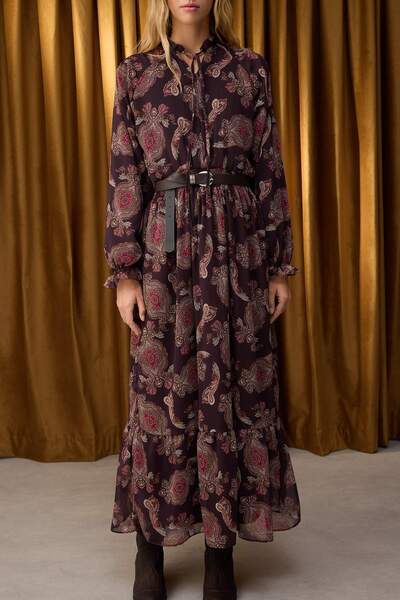 Trendyol Modest Speciální kolekce Hnědé šifonové hidžábové šaty s podšívkou a vzorem TCTAW26EB00020