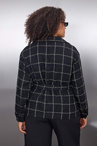Trendyol Curve Чорний картатий/картатий тканий твід підкладкою великого розміру піджак TBBAW26AG00017