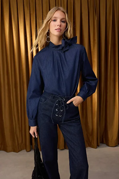 Trendyol Collection Special Collection Dark Blue Denim Blouse with Tie Detail at Neckline Twoaw26Bz00089