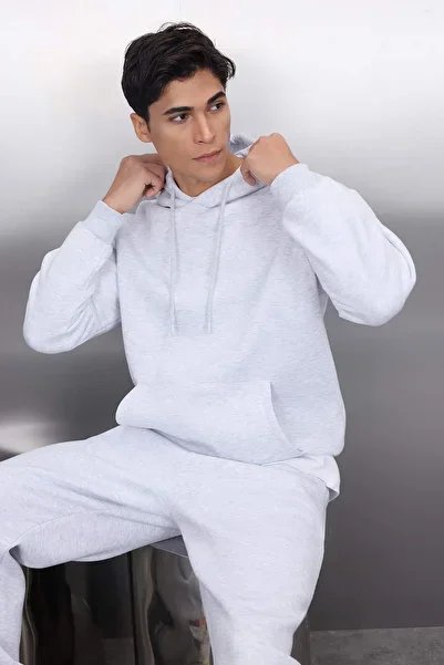 Trendyol Collection Šedá Melange Regular Fit Mikina s kapucí Fleece mikina Tepláková souprava TMNAW24EM00002