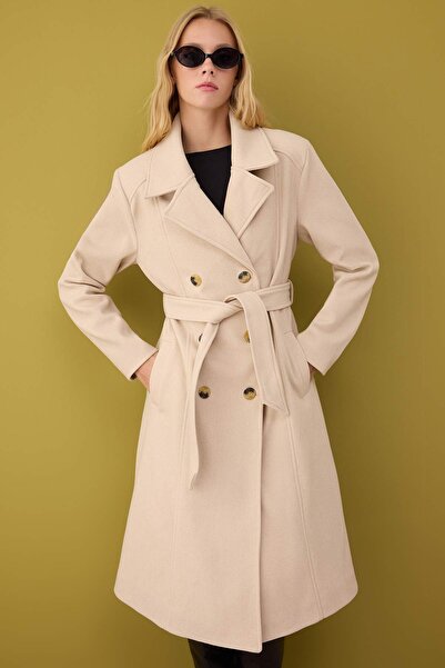 Trendyol Collection Παλτό με μαλακή υφή με διπλό στήθος, μακρύ κασετίνι, TWOAW26KB00050