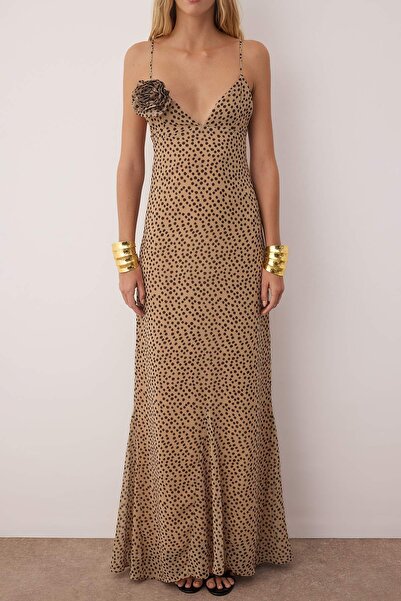 Trendyol Collection Multicolored Polka Dot Floral Applique Detail Chiffon Maxi Evening & Homecoming Dress Tprss25Ae00199