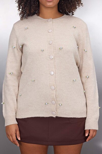 Trendyol Curve Πλεκτό Ζακέτα με Κέντημα Πέτρινο Τριαντάφυλλο TBBAW26AV00015