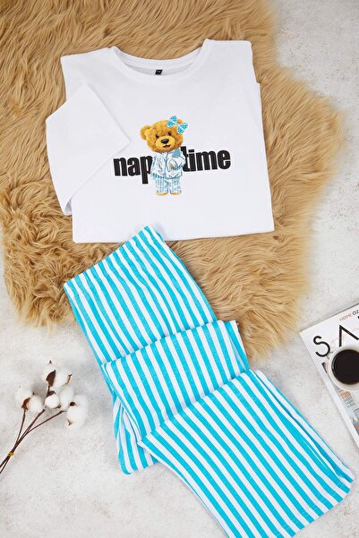 Trendyol Curve Σετ πιτζάμες με πλεκτό μπλε ριγέ λαιμόκοψη TBBAW25AI00041