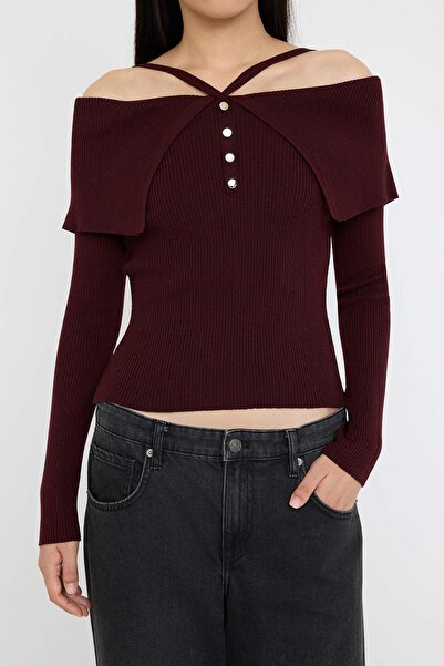 Trendyol Collection Burgundy Premium Yarn/Special Yarn Carmen Neck Strap Knitwear Sweater Twoaw26Kz00076