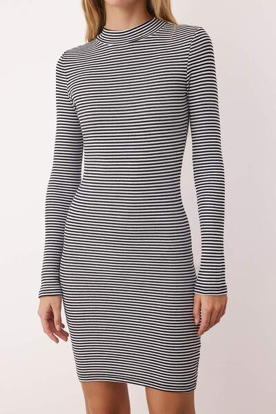 Trendyol Collection Black Striped Bodycon Mini Stand Collar Ribbed Stretchy Knitted Pencil Dress Twoaw21El2244