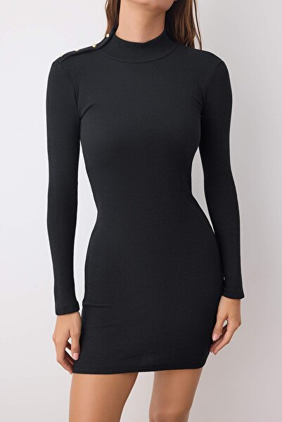 Trendyol Collection Black Stand Collar Button Detail Bodycone/Fitted Ribbed Mini Stretchy Knitted Dress Twoaw26El00092