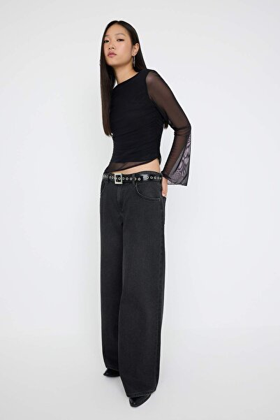 Trendyol Collection Teen Straight Boat Neck Asymmetrical Detailed Bodycon Flexible Knitted Tulle Blouse Twoaw26Bz00128