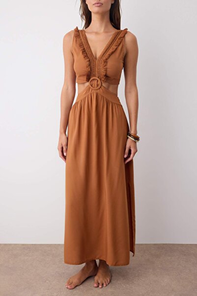 Trendyol Collection Light Brown Maxi Woven Tassel Beach Dress Tbess21El3624