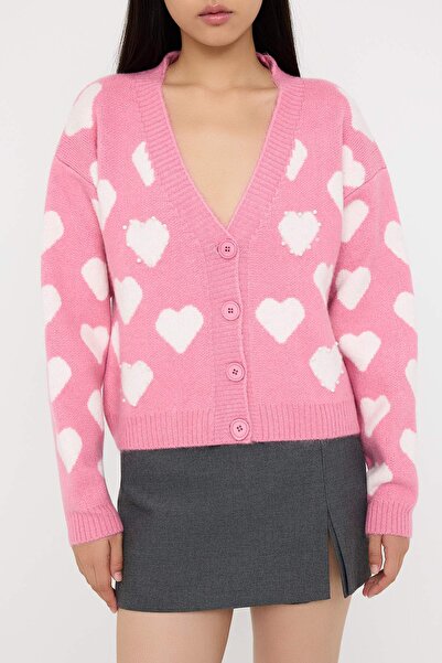 Trendyol Collection Teen Pink Soft Textured Heart Pattern Pearl Detail Knitwear Cardigan Twoaw26Hi00130