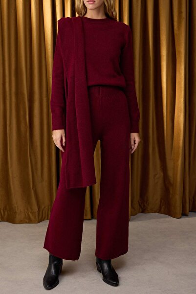 Trendyol Collection Special Collection Burgundy Soft Textured Shawl Sweater-Pants Knitwear Bottom-Top Set Twoaw26Au00005
