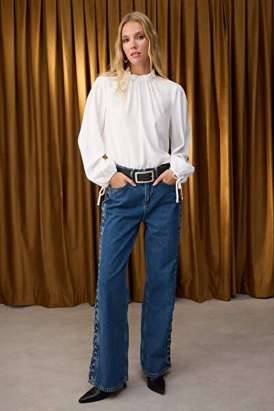 Trendyol Collection Спеціальна колекція Mavi Kuşgözü Bağlama Детальні джинси з високою талією та широкими штанинами TWOAW26JE00012