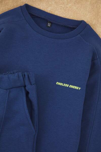 TRENDYOLKIDS Petrol Unisex Children's Cotton Plain Crew Neck Oversize Knitted Bottom - Top Set Tkdaw26Au00022