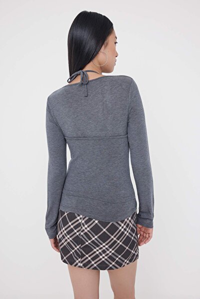 Trendyol Collection Teen Anthracite Melange Fitted/Bodycon Double-Look Knitted Blouse Twoaw26Bz00177