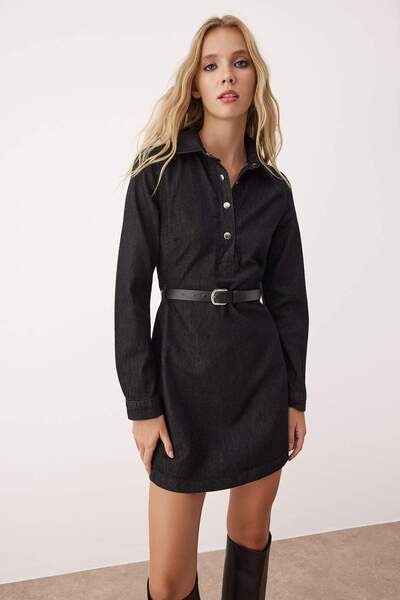 Trendyol Collection Black Shirt Collar Belted Long Sleeve Mini Denim Dress Twoaw26El00050