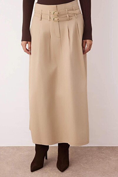 Trendyol Modest Beige Unlined Double Belt Detailed Woven Skirt Tctaw26Ee00007