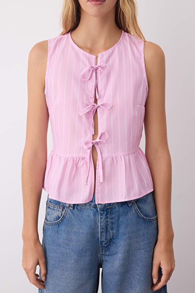 Trendyol Collection Pink Striped Front Tie Detail Sleeveless Woven Blouse Twoss24Bz00651