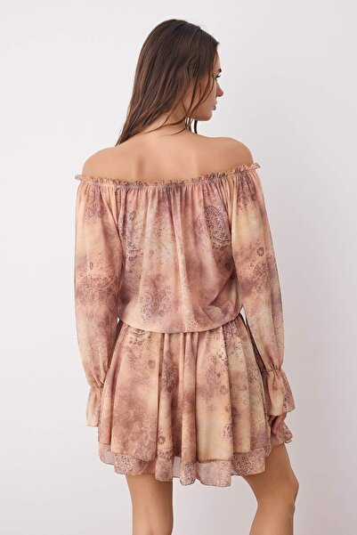Trendyol Collection Salmon Abstract Ruffle Short/Mini Skater Knitted Dress Twoaw26El00048
