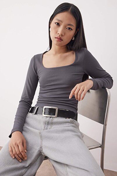 Trendyol Collection Anthracite Square Neck Slim/Fitted Knitted Blouse Twoaw26Bz00083