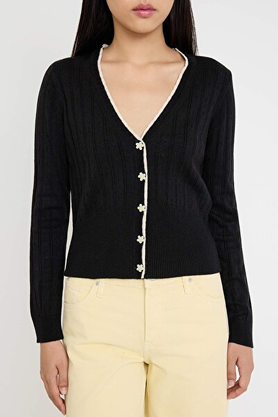 Trendyol Collection Teen Black Openwork/Hollow Out Crop/Short Lace Garnish Detail Knitwear Cardigan Twoaw26Hi00217