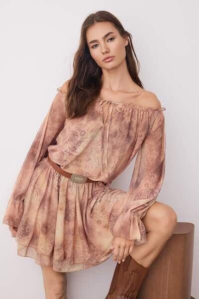 Trendyol Collection Σολομός Abstract Ruffle Κοντό/Μίνι Πλεκτό Φόρεμα Skater TWOAW26EL00048