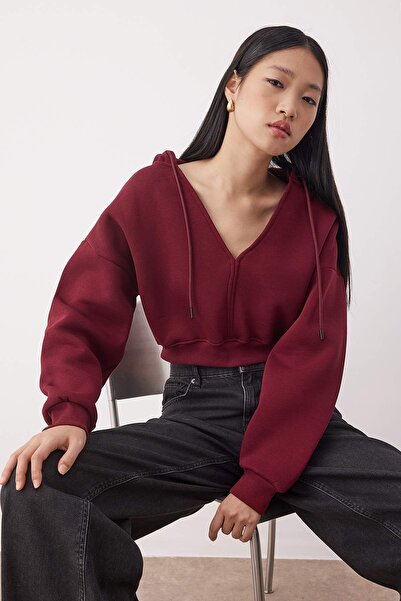 Trendyol Collection Burgundy Thick Fleece Inside Hooded V-Neck Relaxed Fit Crop Knitted Sweatshirt Twoaw23Sw00096