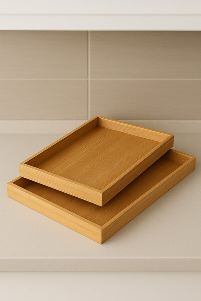 BRE HOME 2'li kulplu bambu ahşap dikdörtgen çay kahve servis sunum lüx tepsi