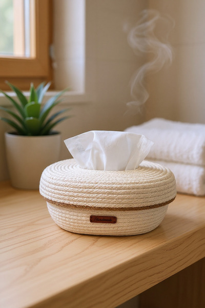 Zuviel Deco حامل مناديل سلة مصنوع يدويًا من الخوص إكرو مع غطاء، منظم، سلة