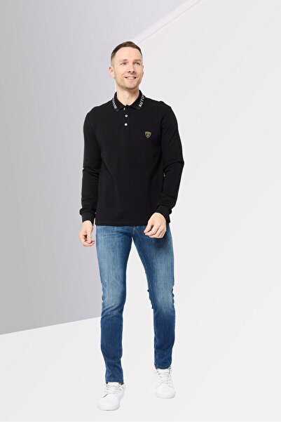 Lamborghini Men Regular Fit Brand Logo Long Sleeves Polo Shirt, Black