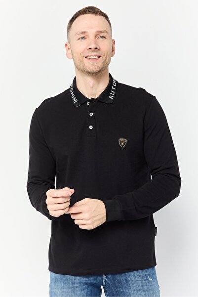 Lamborghini Men Regular Fit Brand Logo Long Sleeves Polo Shirt, Black