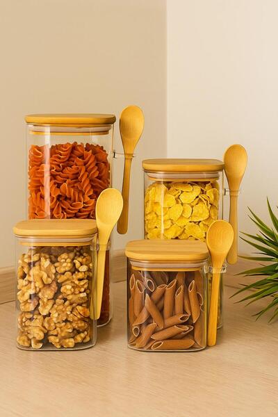 Dia Set of 4 Borosilicate Glass Square Spice Jars with Bamboo Lids and Spoons