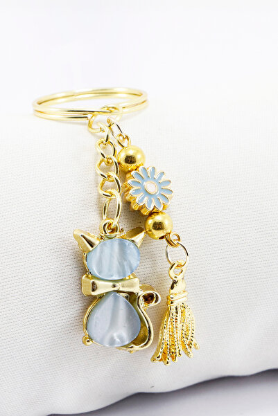 biuti Breloc cu pisicuță drăguță, realizat manual, cu margarete, albastru sid...