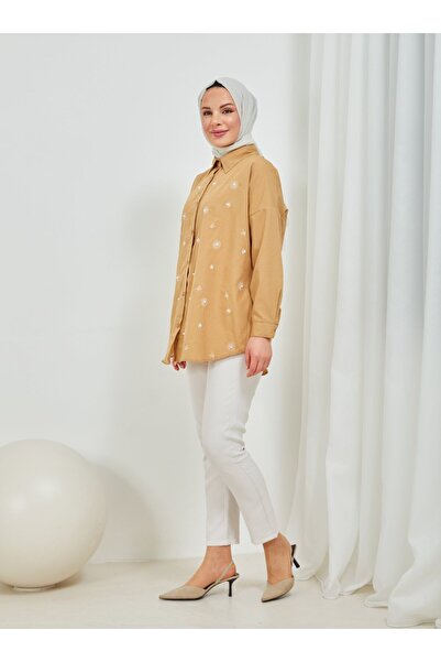 SAHRA BUTİK Daisy Embroidered and Pearl Detailed Tunic - Biscuit - Sahra Butik