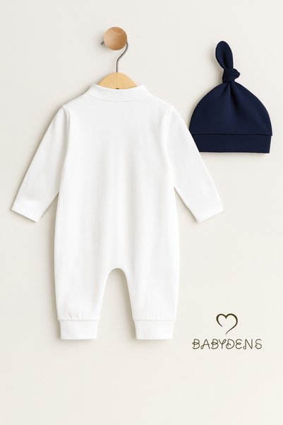 BABYDEN'S Little Boss Baby Boy Buttoned Jumpsuit and Beanie Set – Bow Tie, Cuffed Legs, 100% Cotton Baby Jumpsuit