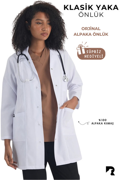 Raven İş Tekstil Șorț lung din țesătură albă de alpaca pentru medic, asistent...