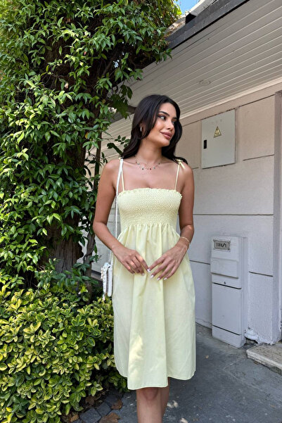 oshebu Sarı – Pamuklu Kısa Yazlık Kadın Elbise – Omuzdan Bağlamalı Askılı Büzgülü